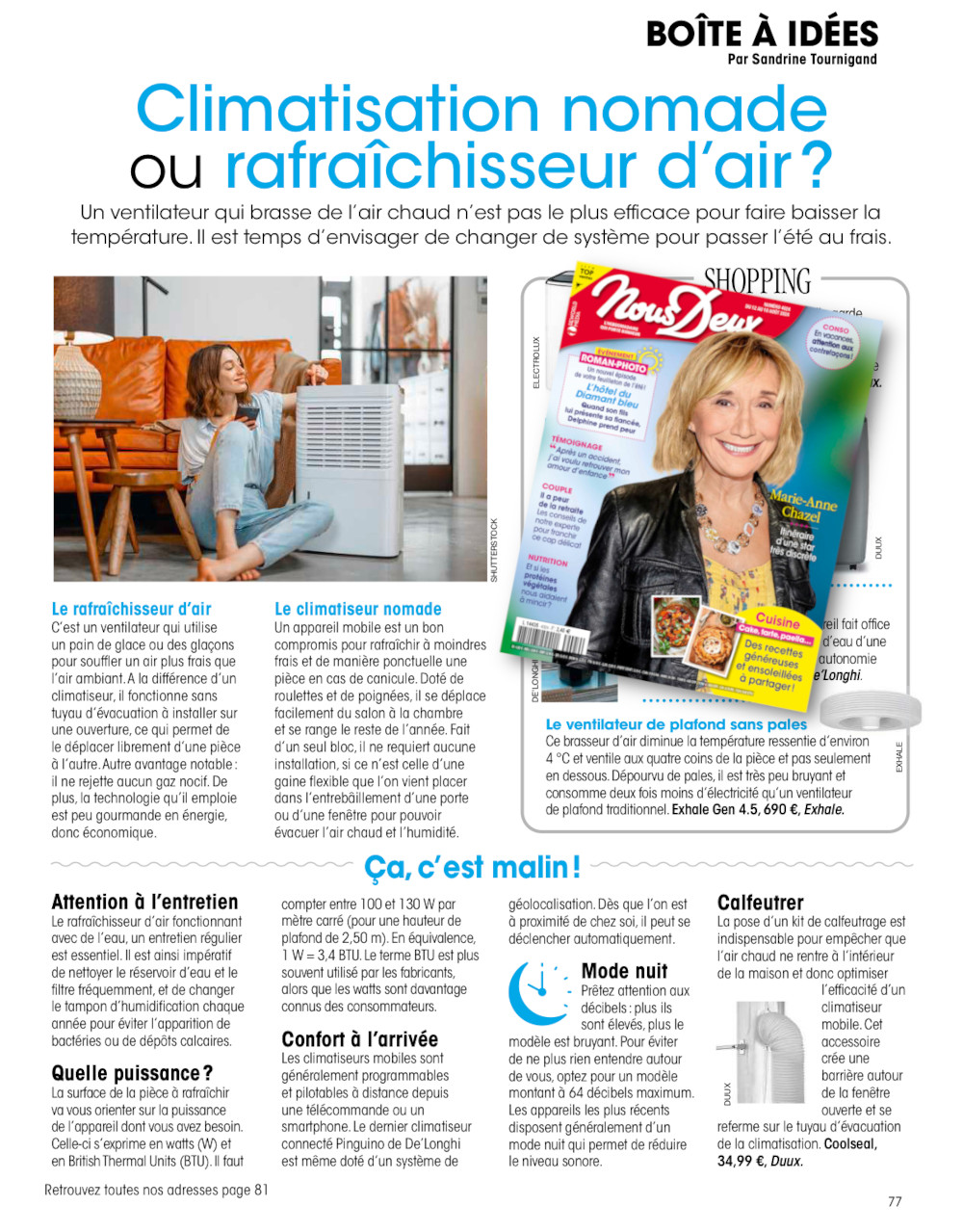 Article publié dans le magazine Nous Deux sur le ventilateur Exhale.